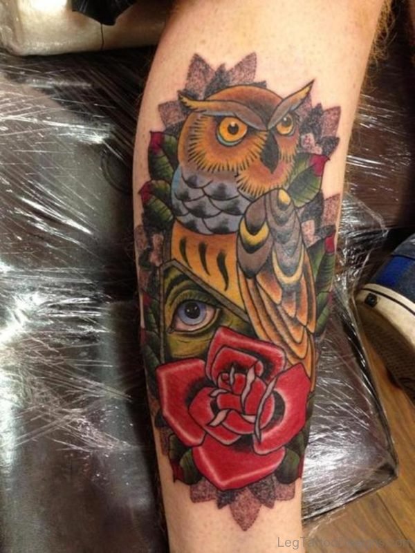 Red Rose Owl Tattoo