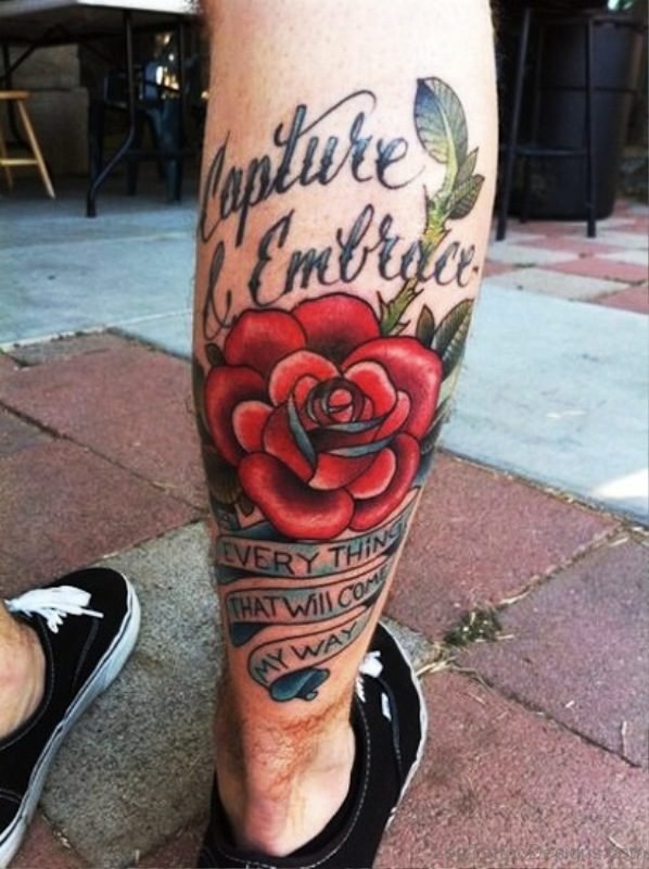 Red Rose With Leaves Tattoo On Calf