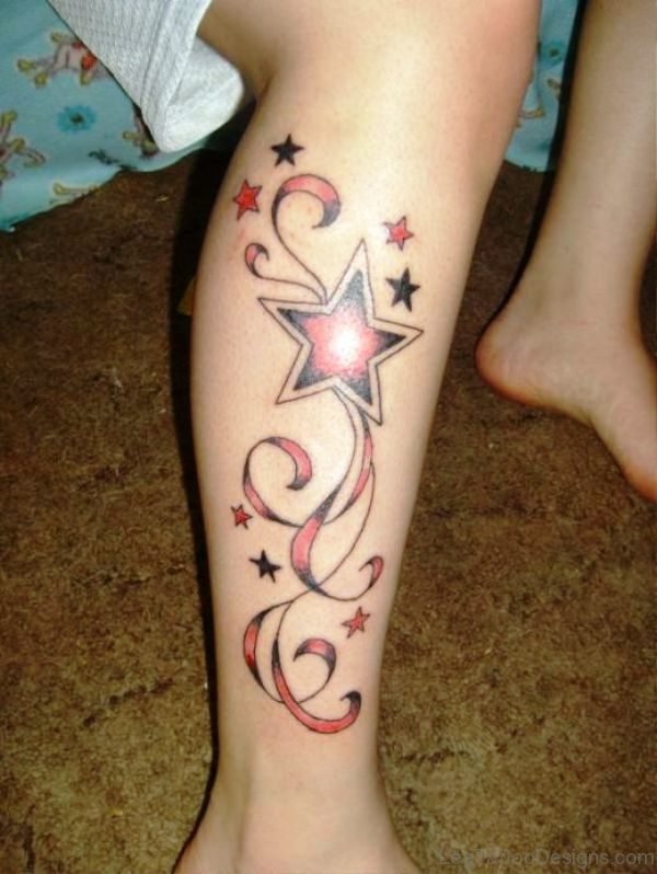 Red Star Tattoo On Calf