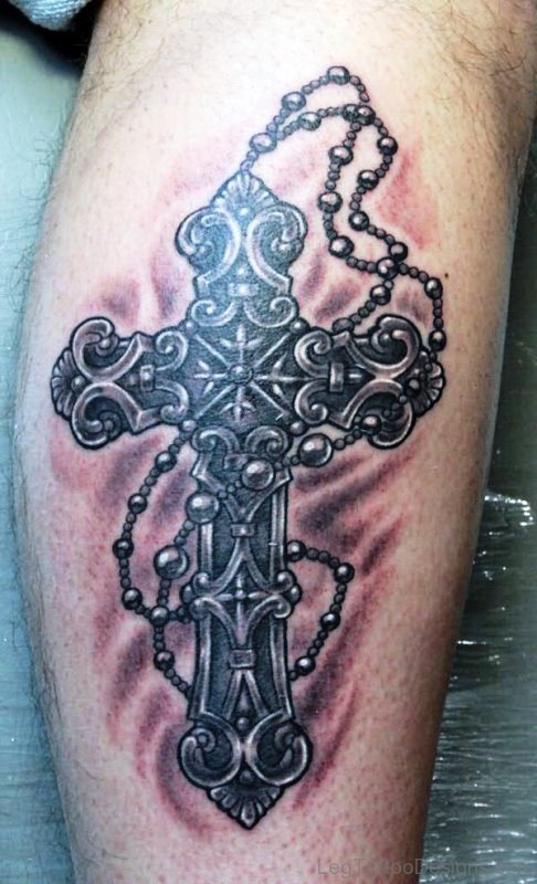 Rosary Grey Ink Cross Tattoo On Leg