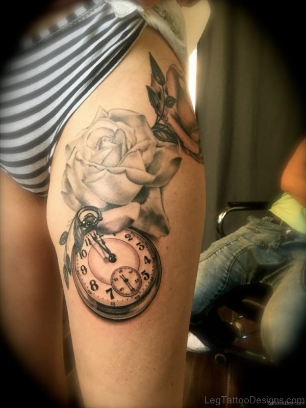 Rose And Clock Tattoo Design On Thigh