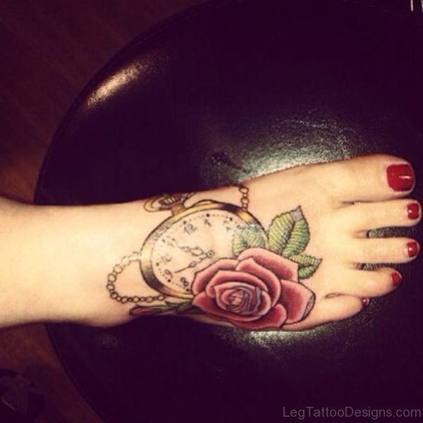 Rose And Clock Tattoo On Foot