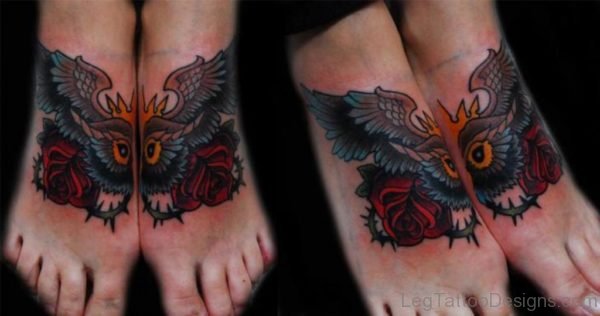Rose And Owl Tattoo On Foot