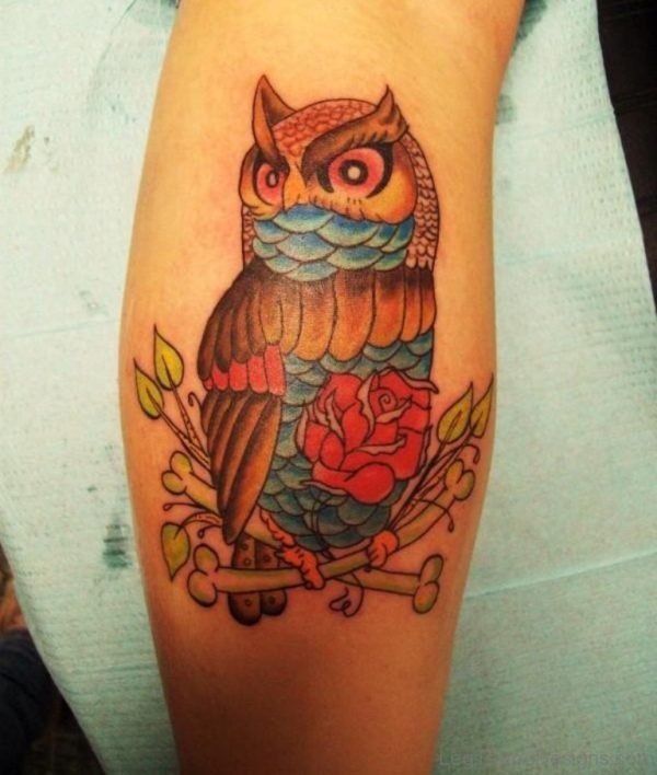 Rose And Owl Tattoo On Leg