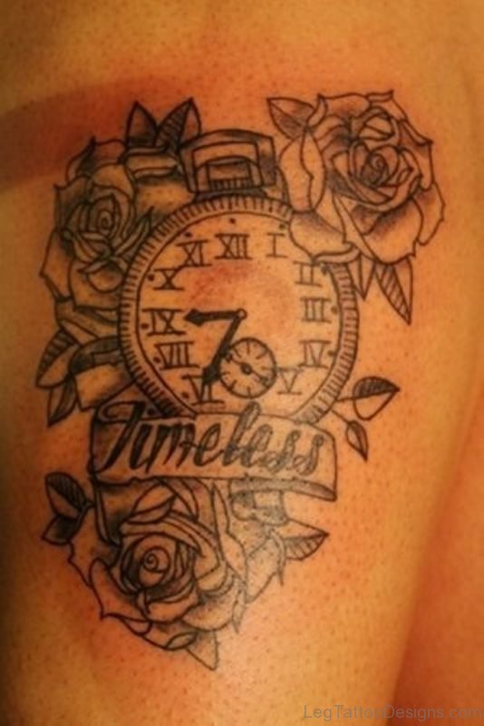 Rose Clock Tattoo On Upper Thigh
