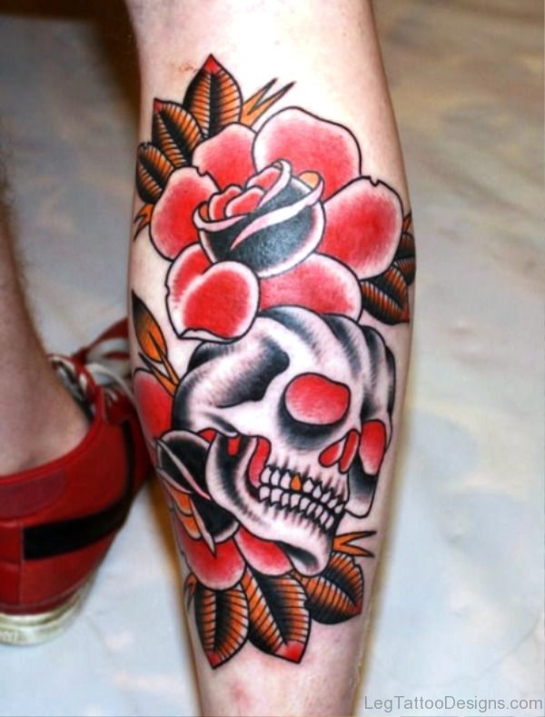 Rose With Skull Tattoo On Calf