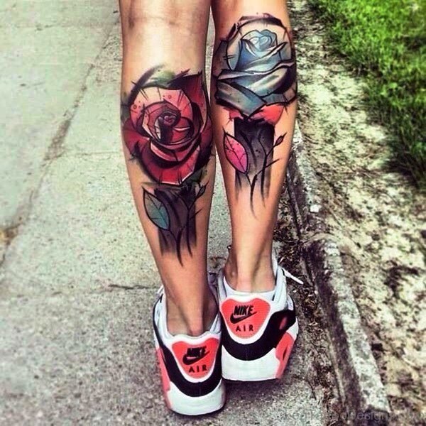Roses Tattoos On Both Calf