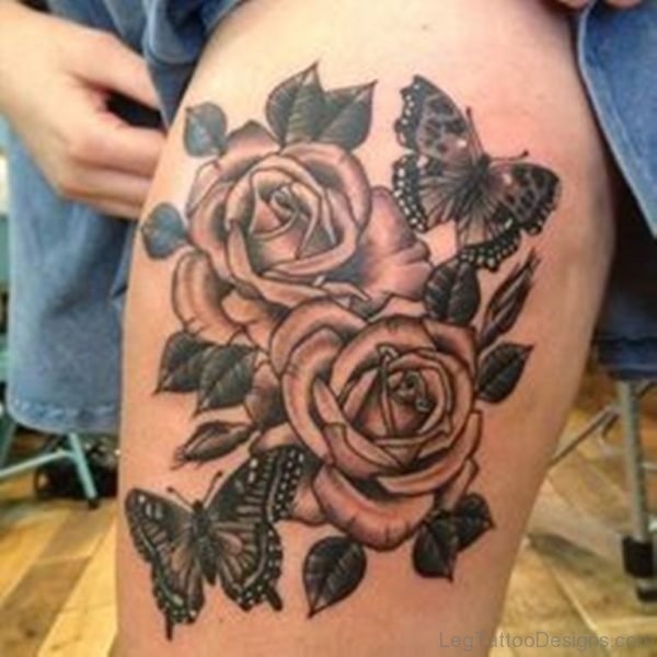 Roses With Grey Butterfly Tattoo On Thigh