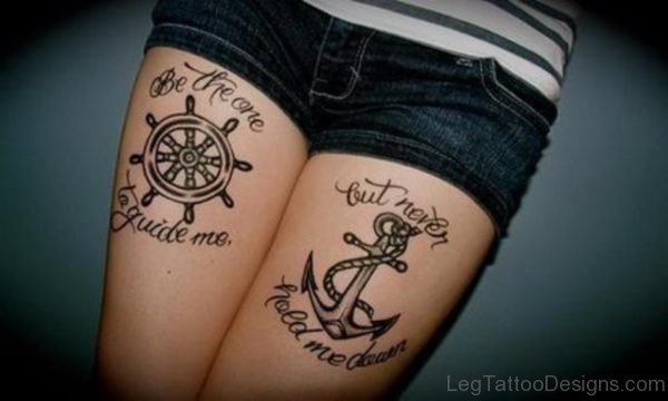 Sailor Wheel And Anchor Tattoo On Thigh