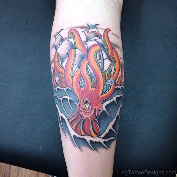 Sea Monster Tattoo On Calf