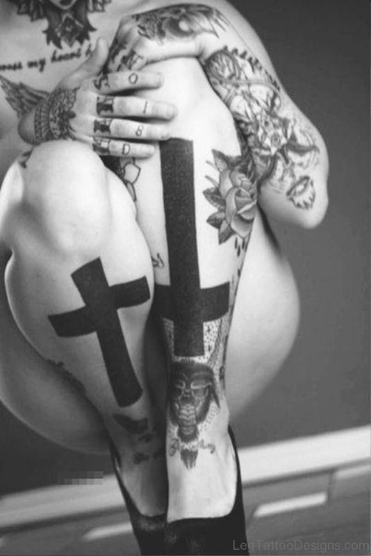 Simple Black Cross Tattoos On Legs