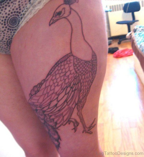 Simple Black Peacock Tattoo On Thigh