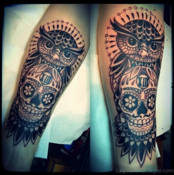 Skull Amd Owl Tattoo On Leg