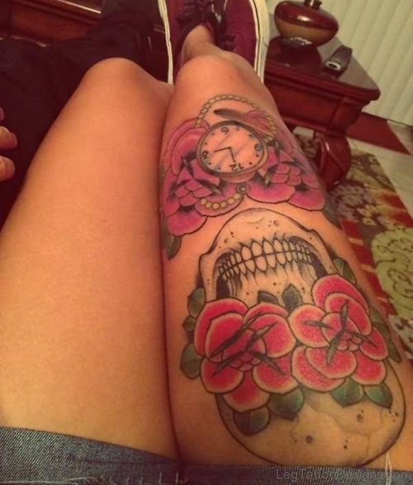 Skull And Clock Tattoo on Thigh