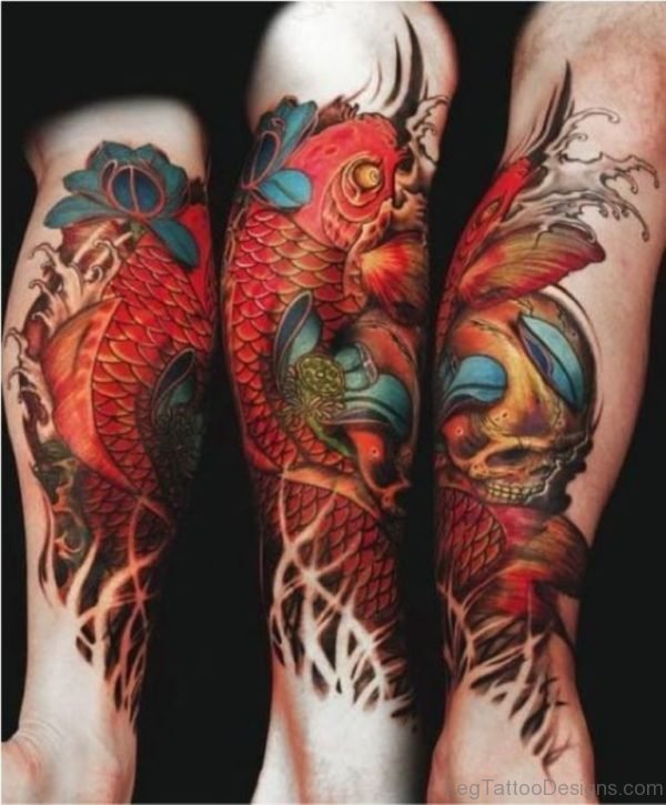 Skull And Fish Tattoo On Leg