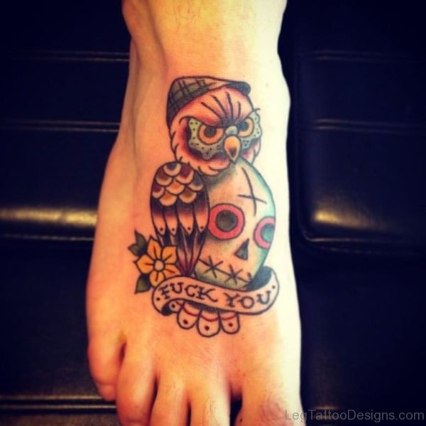 Skull And Owl Tattoo On Foot