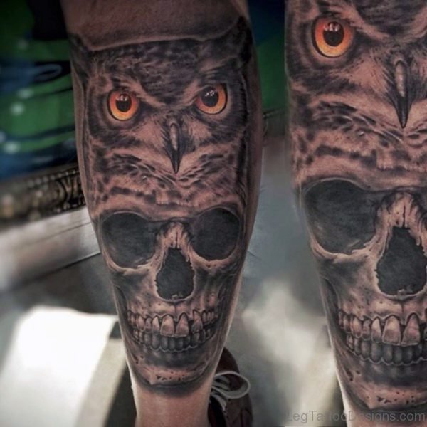 Skull And Owl Tattoo On Leg