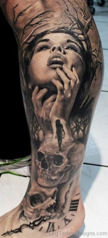 Skull And Portrait Tattoo On Leg