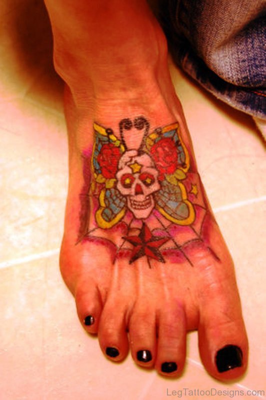 Skull Butterfly Tattoo On Foot