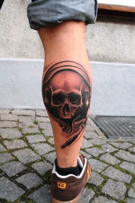 Skull Wearing Headphone Tattoo On Calf