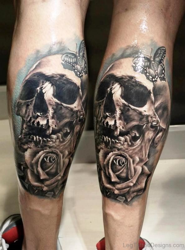 Skull With Butterfly And Rose On Calf