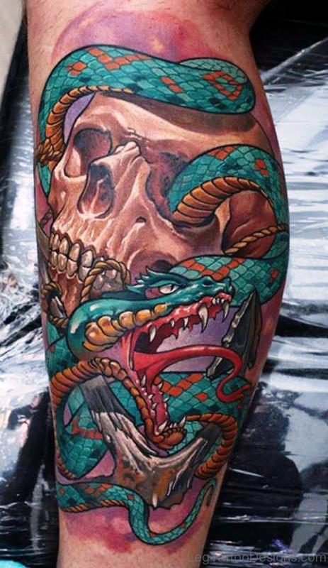 Skull With Snake Tattoo On Calf