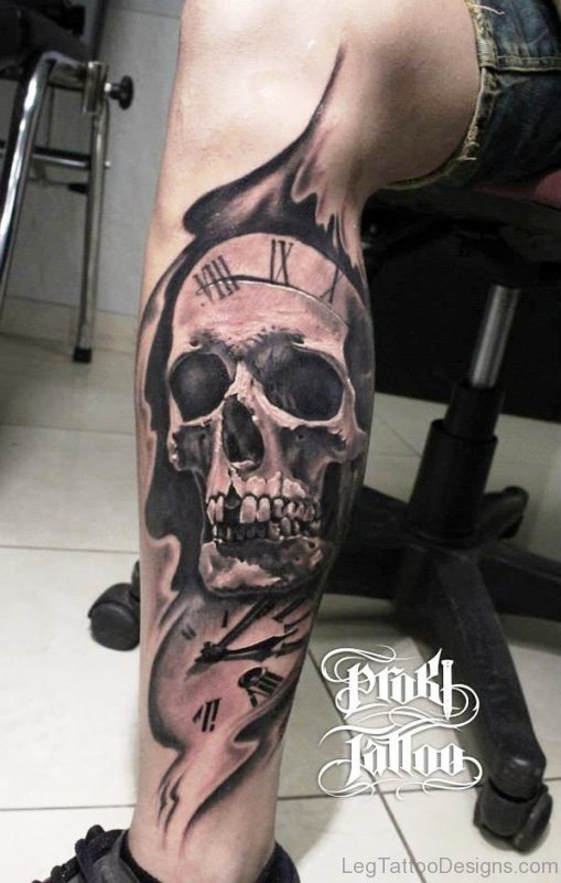 Skull With Watch Tattoo On Calf
