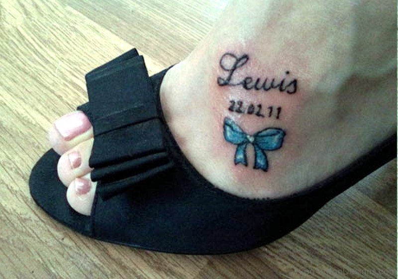 Small Blue Bow Tattoo On Foot