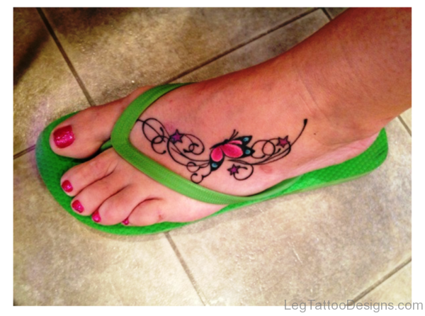 Small Pink Butterfly Tattoo On Foot
