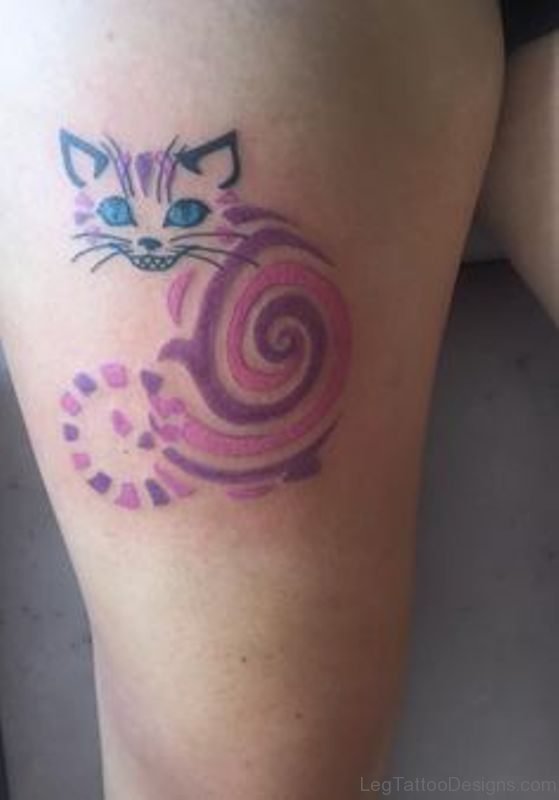 Smiling Cat Tattoo On Thigh