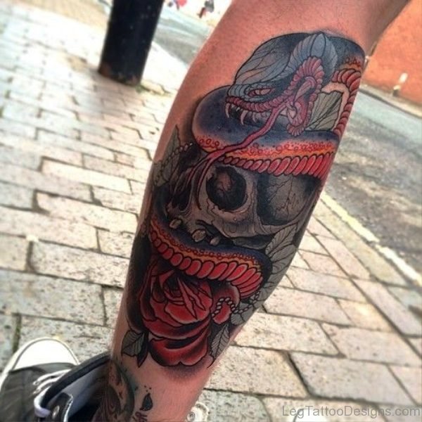 Snake With Skull Tattoo On Calf