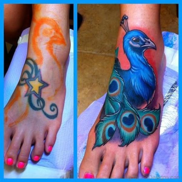 Sparkling Peacock Tattoo On Foot