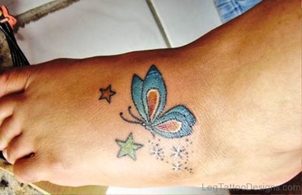 Stars And Butterfly Tattoo On Foot