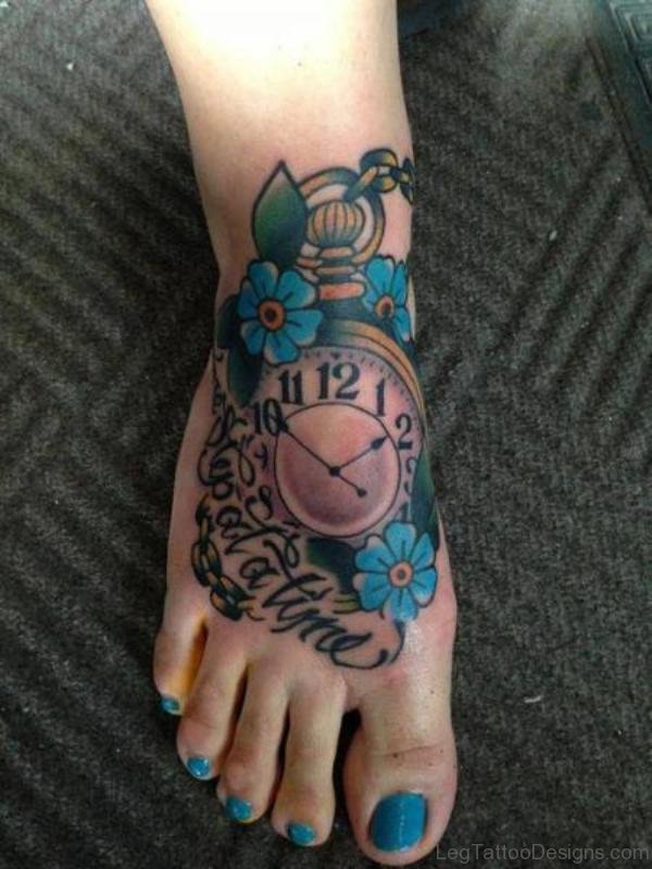 Stunning Clock Tattoo On Foot