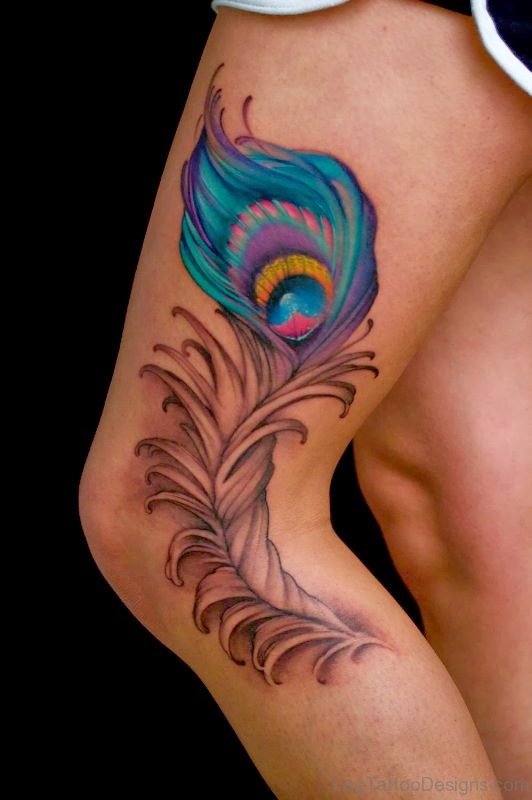 Stunning Peacock Feather Tattoo On Thigh