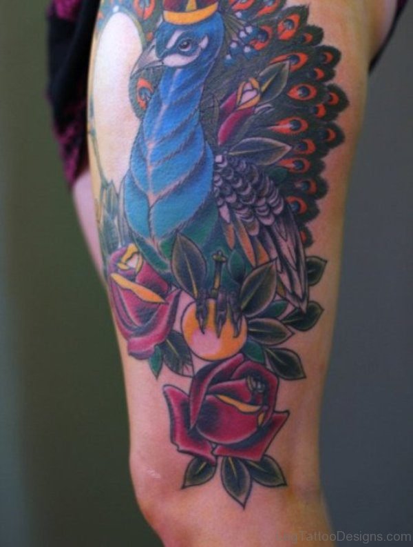 Stunning Peacock Tattoo On Thigh