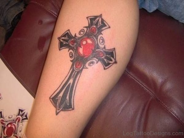 Stylish Celtic Cross Leg Tattoo