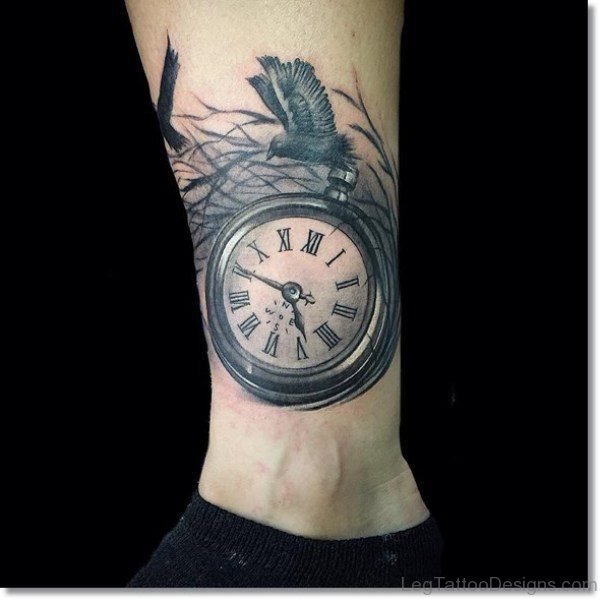 Stylish Clock Tattoo on Leg