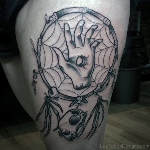 Stylish Dreamcatcher Tattoo On Thigh