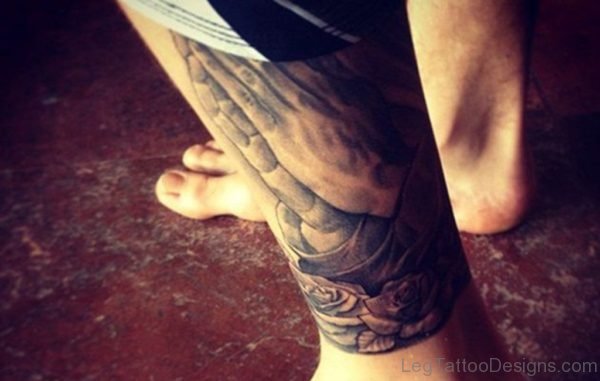Stylish Praying Hands Tattoo On Leg