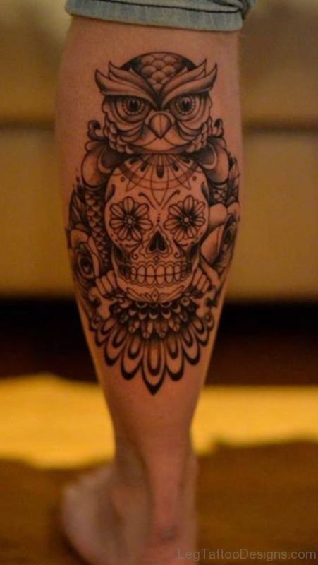 Sugar Skull And Owl Tattoo