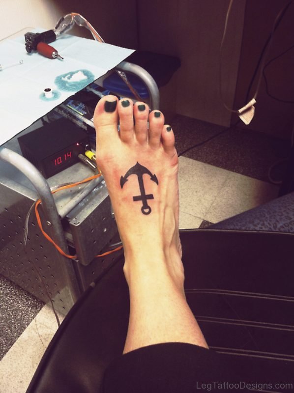 Superb Black Anchor Tattoo On Foot