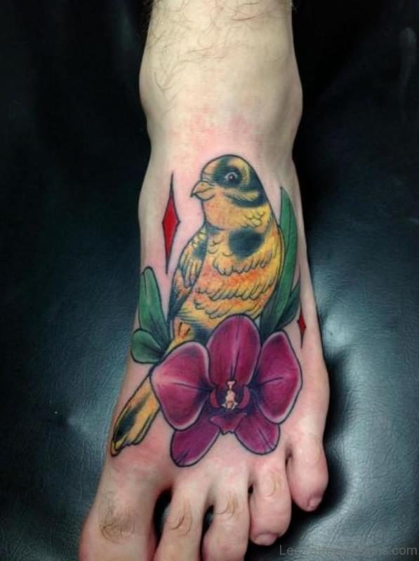 Sweet Colored Bird Tattoo On Foot