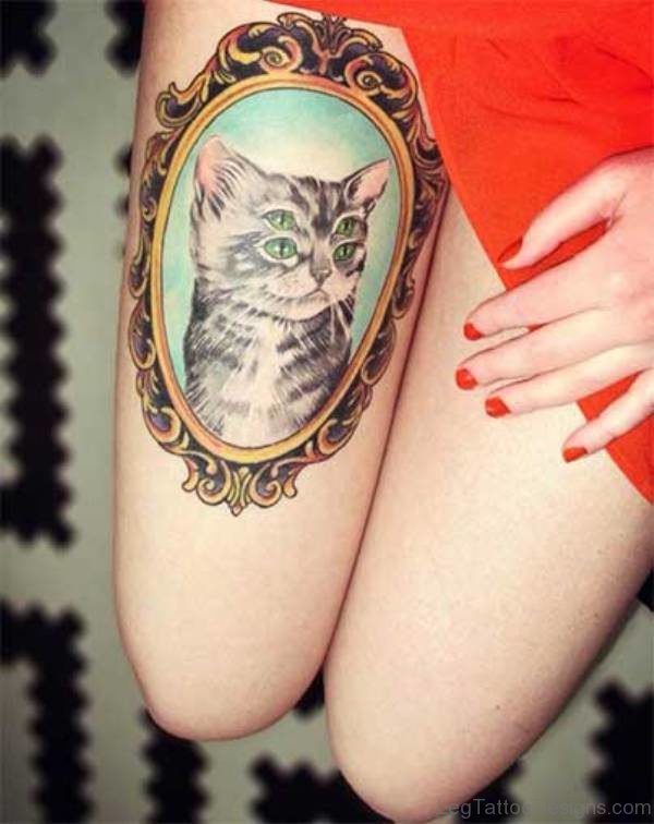 Sweet Grey Cat Tattoo On THigh