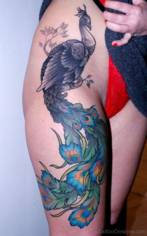 Sweet Peacock Tattoo On Thigh