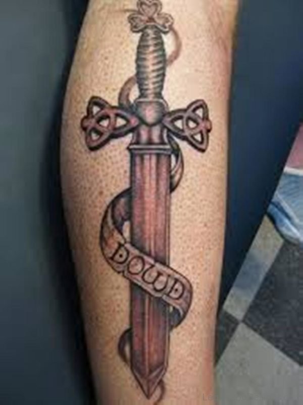 Sword And Celtic Tattoo On Leg