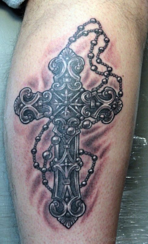 Terrific Rosary Cross Tattoo On Leg