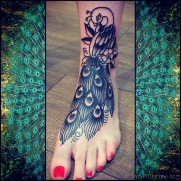 Traditional Peacock Tattoo On Foot