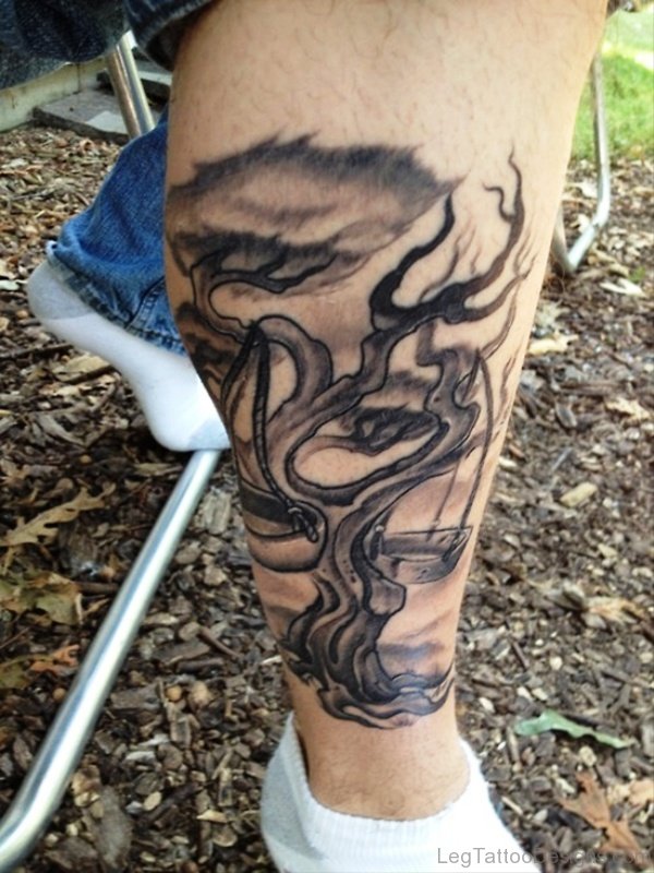 Tree Libra Zodiac Tattoo On Calf