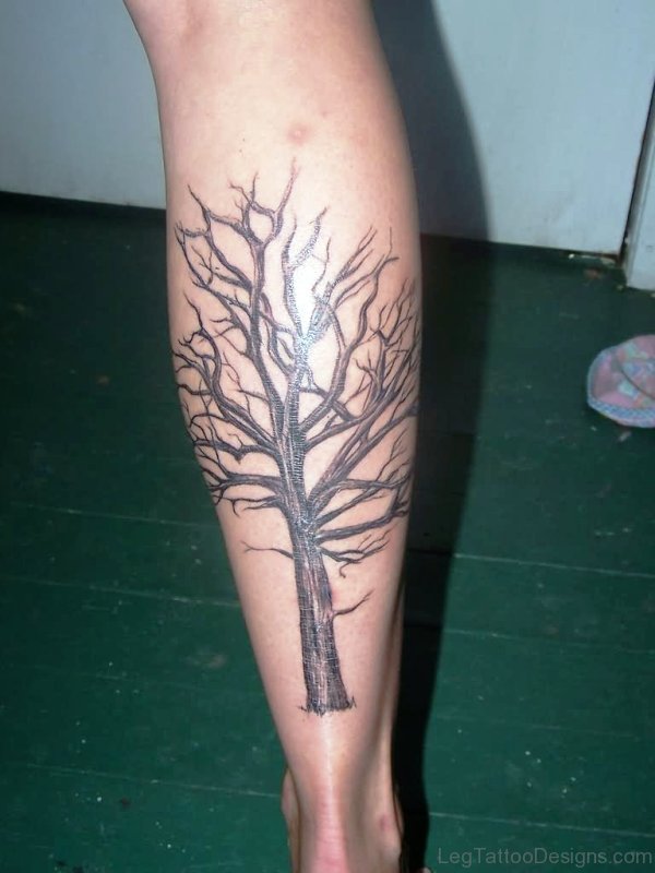 Tree With Leaves Tattoo On Calf